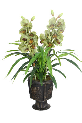 Yapay Çiçek Deposu - Vintage Kabartmalı Saksıda Yapay Islak Singapur Orkide 72 cm Koyu Yeşil