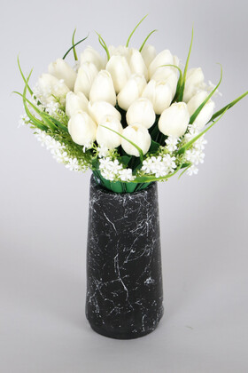 Yapay Çiçek Deposu - Mermer Desenli Lüks Vazoda Yapay Beyaz Islak Lale Sadeliği 35 cm