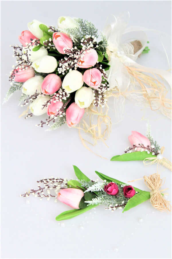 Islak Lale Gelin Çiçeği 3lü Set Beyaz- Pembe