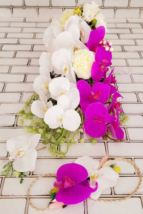 Yapay Çiçek Deposu - Islak Orkide ve Şakayık Güller Gelin Çiçeği Mor Beyaz 3lü set