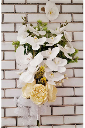Islak Orkide ve Şakayık Güller Gelin Çiçeği Pastel Sarı Beyaz 2li set - Thumbnail