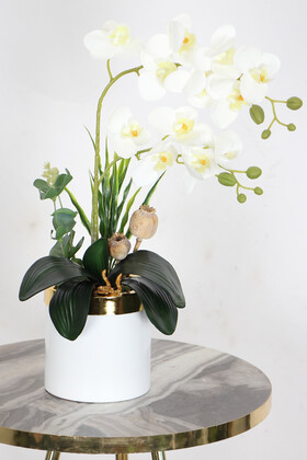 Yapay Çiçek Deposu - Mini Metal Saksıda 2 Dal Yapay Islak Orkide Tanzimi Beyaz Gold Saksıda 42 cm