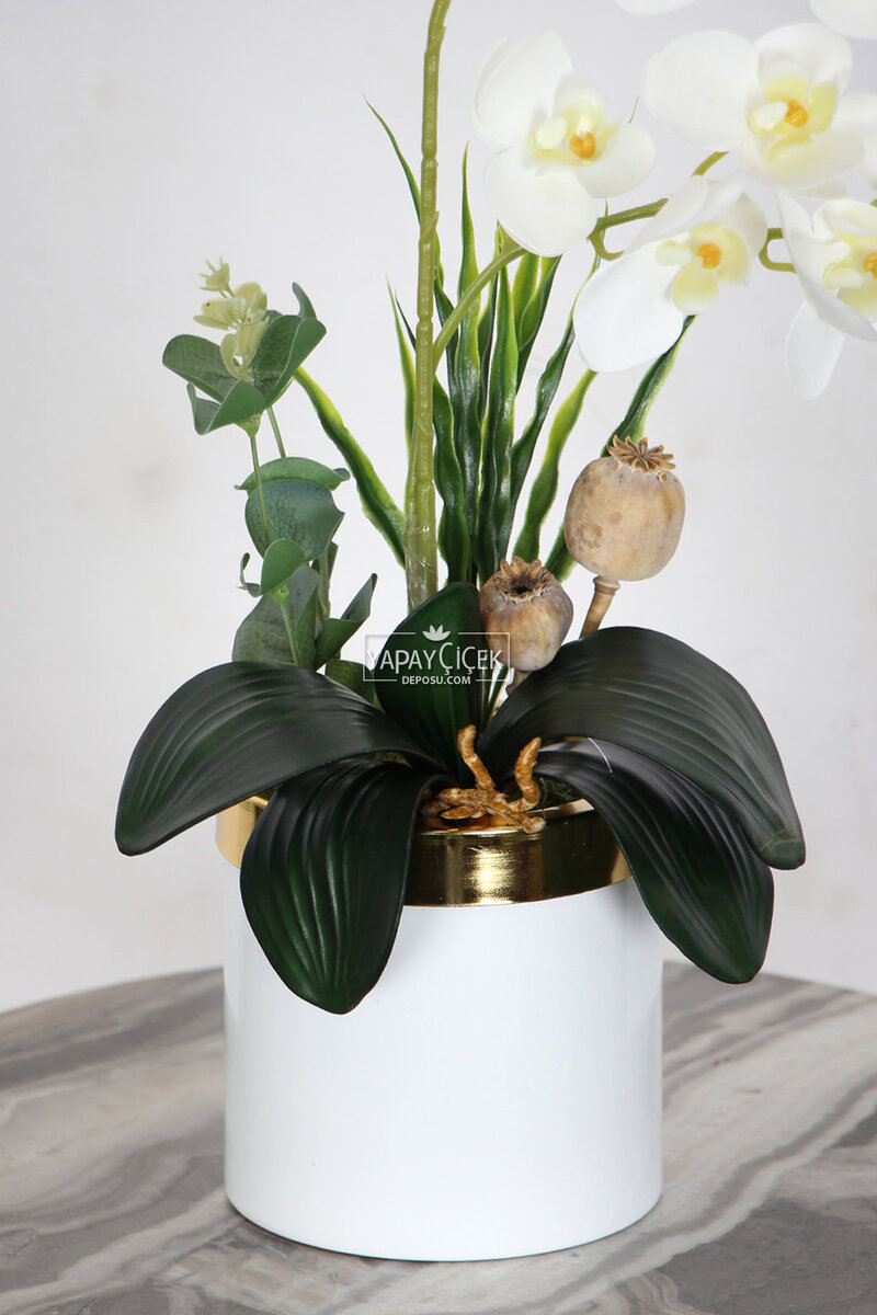 Mini Metal Saksıda 2 Dal Yapay Islak Orkide Tanzimi Beyaz Gold Saksıda 42 cm