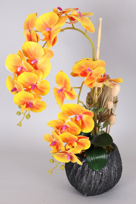 Yapay Çiçek Deposu - Vintage Kabartmalı Saksıda Yapay Baskılı Islak Orkide 55 cm Turuncu