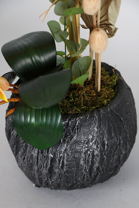 Vintage Kabartmalı Saksıda Yapay Baskılı Islak Orkide 55 cm Turuncu - Thumbnail