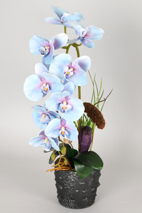 Yapay Çiçek Deposu - Vintage Kabartmalı Saksıda Islak Etli Dokuda Yapay Orkide 55 cm Havai Mavi