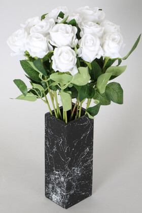 Yapay Çiçek Deposu - Mermer Desenli Siyah Vazoda 13 Dallı Kadife Gül Demeti Beyaz 40 Cm
