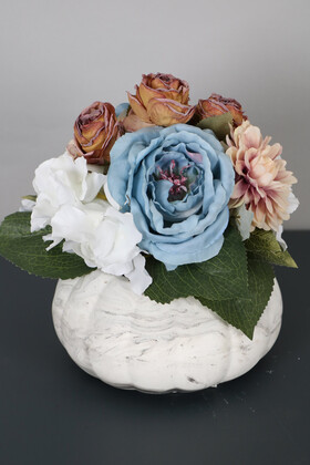 Beton Saksıda Nişan Düğün Salon Masa Çiçeği Kahve Mavi - Thumbnail