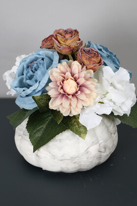 Yapay Çiçek Deposu - Beton Saksıda Nişan Düğün Salon Masa Çiçeği Kahve Mavi
