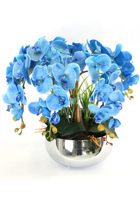 Yapay Çiçek Deposu - Metal Gümüş Saksıda Lüx 6lı Exclusive Mavi Orkide Tanzim
