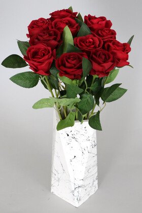 Yapay Çiçek Deposu - Mermer Desenli Prizmatik Beyaz Vazoda 11 Dallı Kadife Gül Demeti Kırmızı 40 Cm
