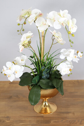 Metal Kabartmalı Gold Saksıda Yapay Orkide Aranjmanı Beyaz - Thumbnail