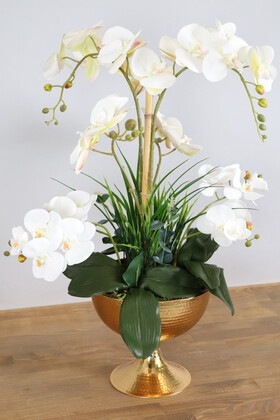 Yapay Çiçek Deposu - Metal Kabartmalı Gold Saksıda Yapay Orkide Aranjmanı Beyaz