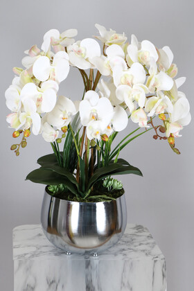 Yapay Çiçek Deposu - Metal Orta Boy Gümüş Saksıda Lüx Orkide 7 Dal Beyaz