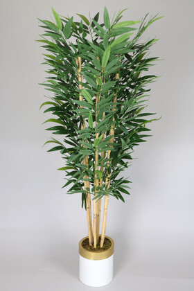 Yapay Çiçek Deposu - Metal Beyaz Gold Saksıda Yapay Bambu Ağacı Premium İri Yapraklı 175 cm