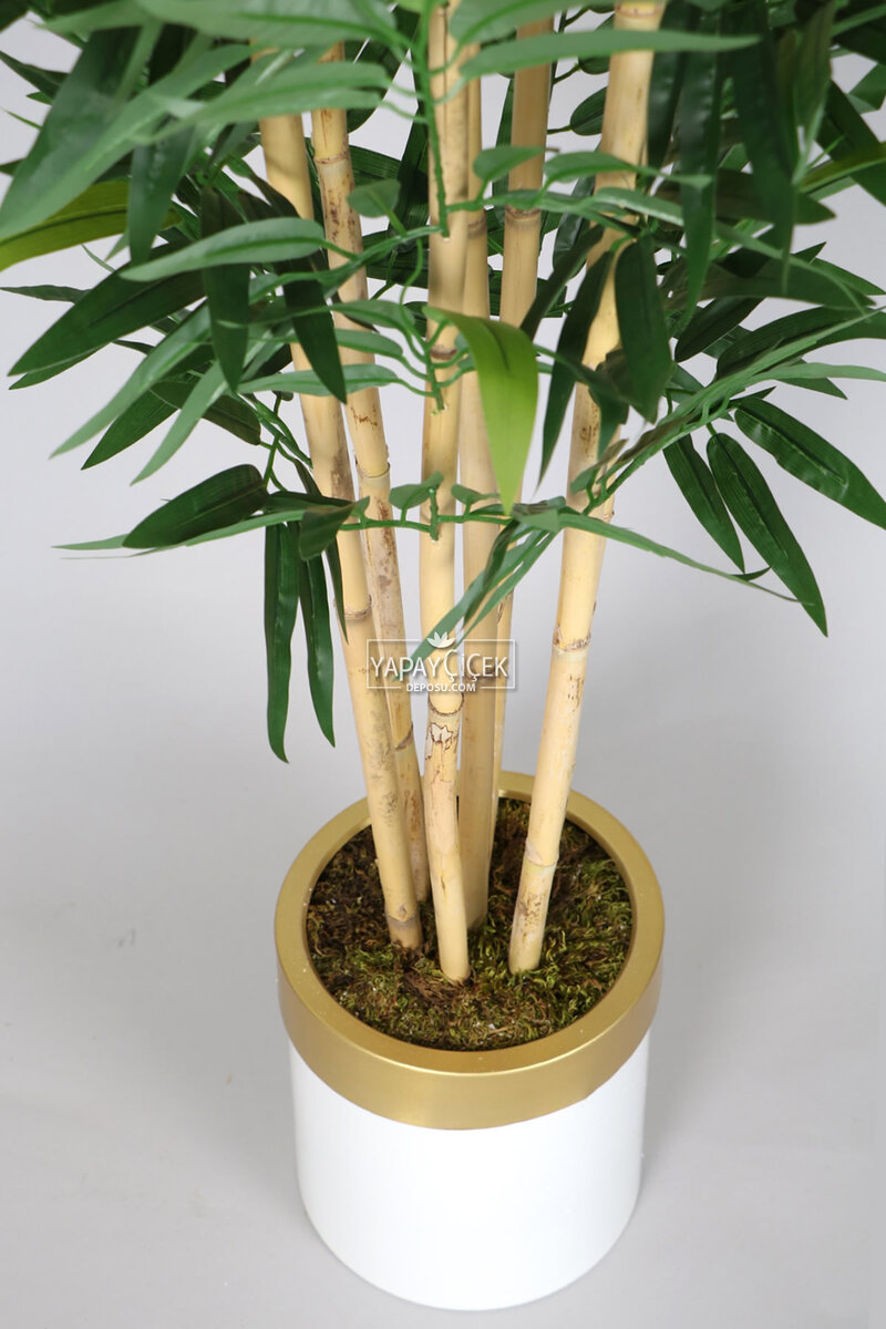 Metal Beyaz Gold Saksıda Yapay Bambu Ağacı Premium İri Yapraklı 175 cm