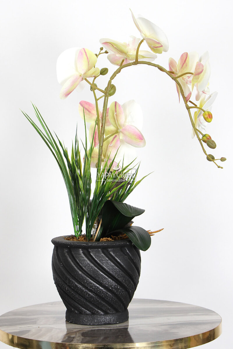 Vintage Kabartmalı Saksıda Yapay Orkide Tanzimi 50 cm Mariae
