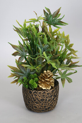 Yapay Çiçek Deposu - Kabartmalı Saksıda Altın Kozalaklı Yapay Bitki Tanzimi 35 cm