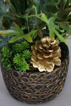 Kabartmalı Saksıda Altın Kozalaklı Yapay Bitki Tanzimi 35 cm - Thumbnail