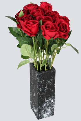 Yapay Çiçek Deposu - Mermer Desenli Siyah Vazoda 11 Dallı Kadife Gül Demeti Kırmızı 40 Cm