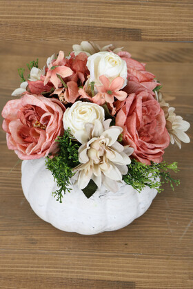 Yapay Çiçek Deposu - Beton Saksıda Nişan Düğün Salon Masa Çiçeği Pastel Somon