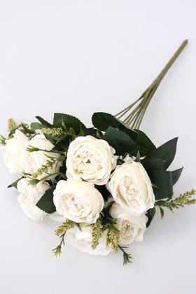 Yapay Çiçek Deposu - Yapay Çiçek 9 Dallı Meilland Cipsolu Gül Demeti Kırık Beyaz