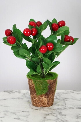 Yapay Çiçek Deposu - Dekoratif Yosunlu Saksıda Yapay Napolyon Kiraz Demeti 30 cm