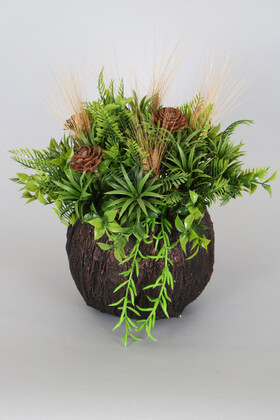 Yapay Çiçek Deposu - Vintage Kabartmalı Saksıda Yeşil Bitki Aranjmanı 30 cm