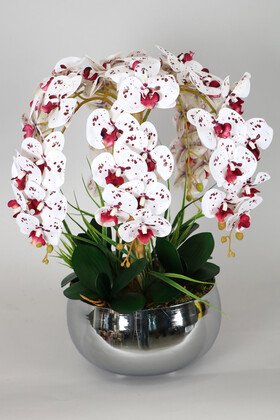 Yapay Çiçek Deposu - Metal Gümüş Saksıda Yapay Islak Baskılı Orkide Bordo Benekli
