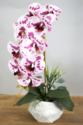 Yapay Çiçek Deposu - Beton Saksıda Yapay Baskılı Islak Orkide 55 cm Mor Benekli