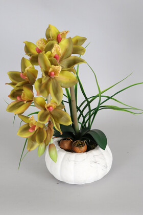 Yapay Çiçek Deposu - Yapay Tropikal Orkide Tanzimi Islak Dokuda Beton Saksılı Fıstık Yeşili