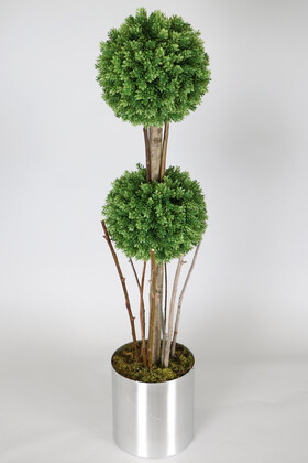 Yapay Çiçek Deposu - Yapay Ağaç Şimşir Top 125 cm 2li Çam Model Paslanmaz Saksılı (UV Katkılı Garantili Yeşil)