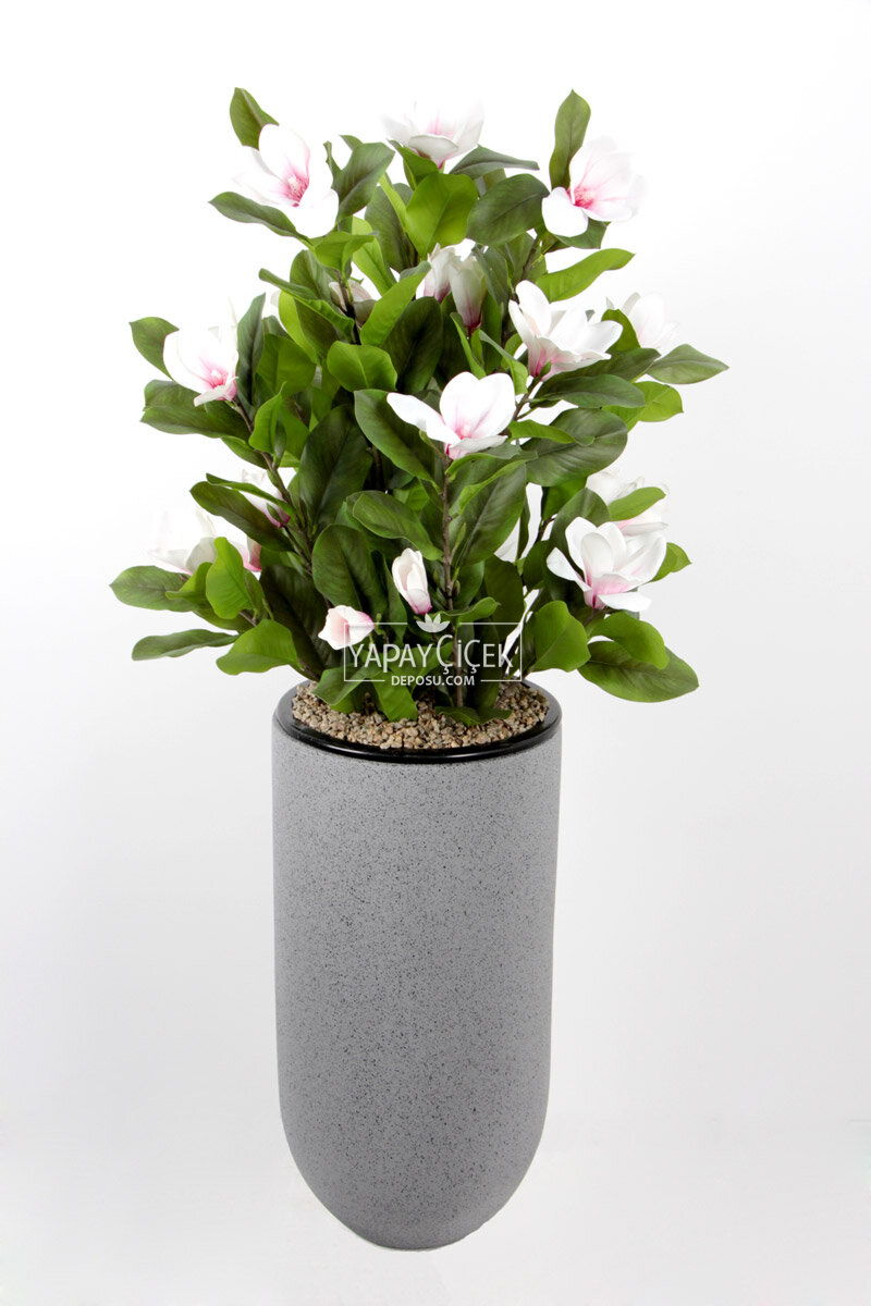 Kapsül Model Beton Dokulu Fiber Saksıda Yapay Çiçek Lüx Islak Manolya 150cm Beyaz - Fuşya