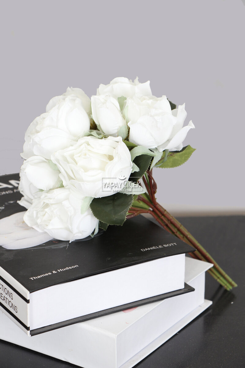 Yapay Lux 10lu Kuru Model Tomurcuklu Gül Buketi 30 cm Net Beyaz