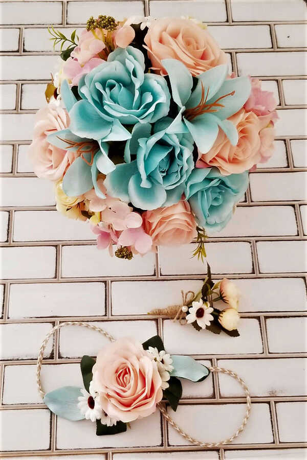 Gelin Buketi Kiones Lilyum Gül 3lü Set