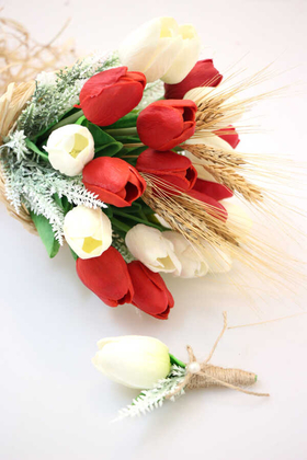 Yapay Çiçek Deposu - Gelin Buketi İcon 2li Set(Beyaz-Kırmızı Islak Lale)