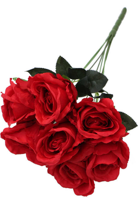 Yapay Çiçek Deposu - Yapay Çiçek 7 Dal Kaliteli İri Gül Demeti 42 cm Kırmızı
