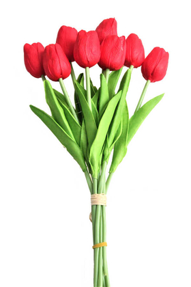 Yapay Çiçek Deposu - Yapay 8li Islak Lale Buketi Gerçek Doku Kırmızı