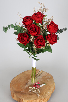 Yapay Çiçek Deposu - Tek Yönlü Cipsolu Kırmızı Kadife Gül Gelin Buketi 2li Set Ross