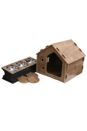 Yapay Çiçek Deposu - Dekoratif Ahşap Kedi Evi Model 2 Ve Mama Kabı Set