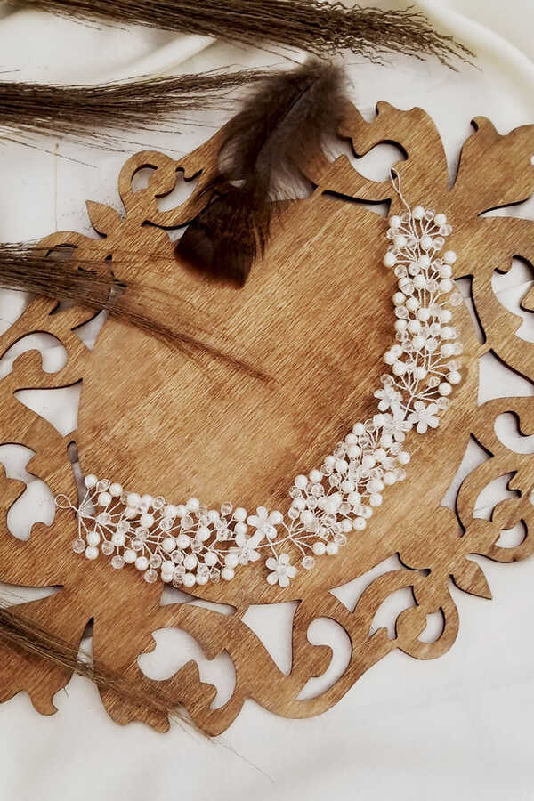 Küçük Çiçekli İncili Kristal Gelin Tacı