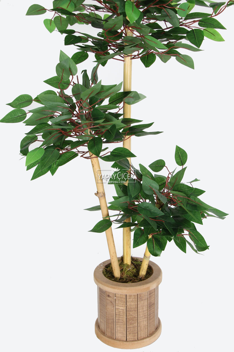 Yapay Benjamin Ağacı 115 cm 3lü Bambu Gövdeli Yeşil(Ahşap Saksı)