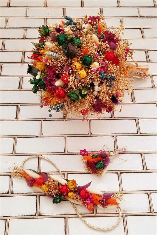 Kuru Çiçek Gelin Buketi Aleza 3lü Set