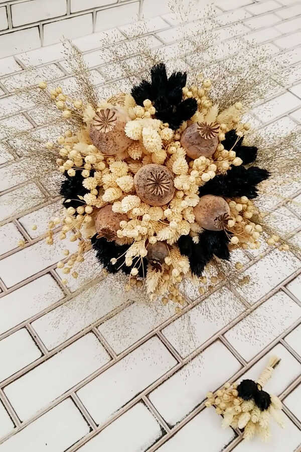 Kuru Çiçek Gelin Buketi Clara Lacivert Bej Naturel 2li Set