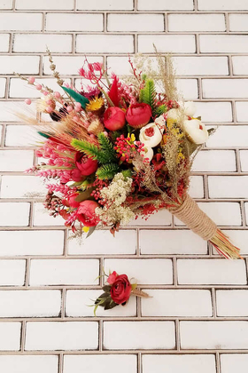 Sanya Şakayık Güller ve Kuru Çiçek Gelin Buketi 2li Set - Thumbnail