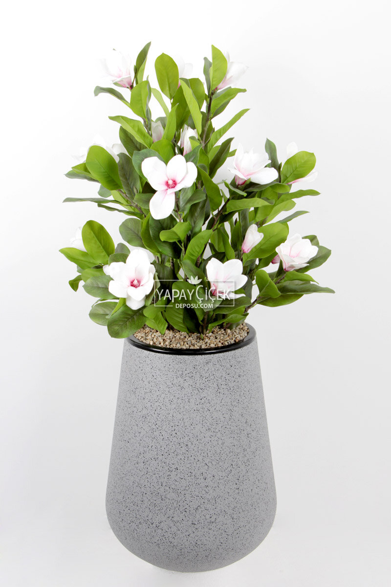 Lale Model Beton Dokulu Fiber Saksıda Yapay Çiçek Lüx Islak Manolya 130cm Beyaz - Fuşya