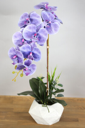 Yapay Çiçek Deposu - Beton Saksıda Yapay Baskılı Islak Orkide 55 cm Lila