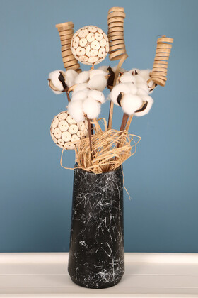 Yapay Çiçek Deposu - Mermer Desenli Lüks Vazoda Tropikal Pamuk Dalı Aranjmanı 45 cm Helezon