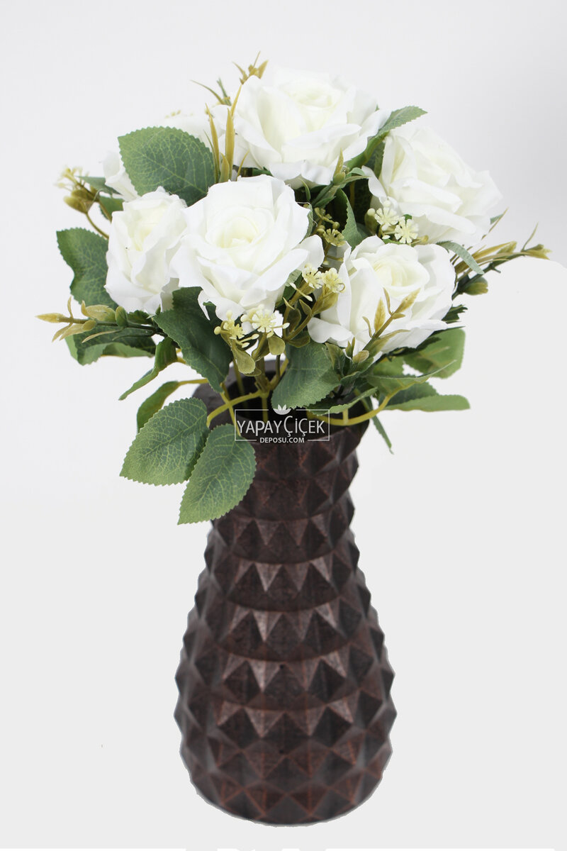 Lüx Beton Vintage Vazoda Yapay Beyaz Gül Buketi 33 Cm
