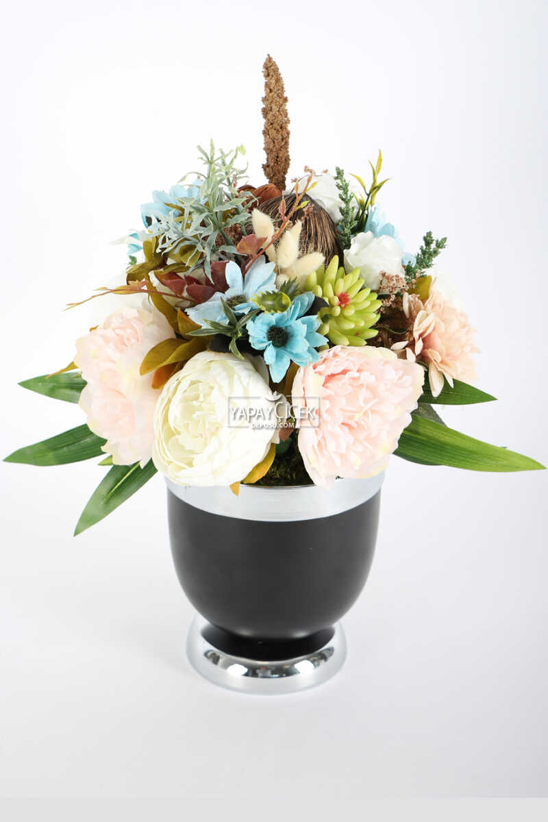 Metal Vazoda Lux Yapay Cicek Tanzimi Aydos Metal Saksili Cicek Tanzimler Yapay Cicek Deposu